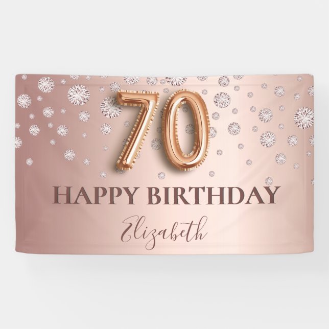 Banderoles 70e anniversaire rose or diamants script de ballon (Horizontal)