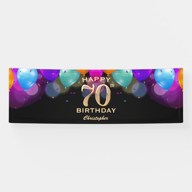 Banderoles 70e fête d'anniversaire Ballons noirs et or (Horizontal)