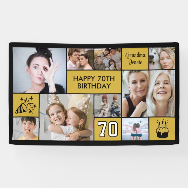 Banderoles 70th Birthday Custom Photo Collage Black Gold (Horizontal)