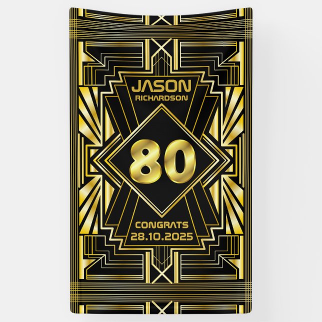 Banderoles 80e anniversaire Art Déco Gold Black Great Gatsby (Vertical)