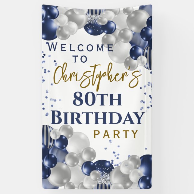 Banderoles 80e anniversaire Blue Balloons Party Bienvenue (Vertical)