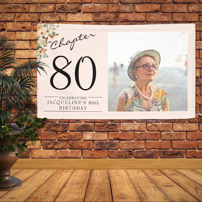 Banderoles 80e anniversaire Floral Pink Photo (Unique 80th birthday floral banner. Personalized with your text and favorite photo. )