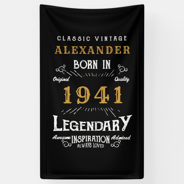 Banderoles 80e anniversaire personnalisé Né en 1941 Noir Vint (Vertical)