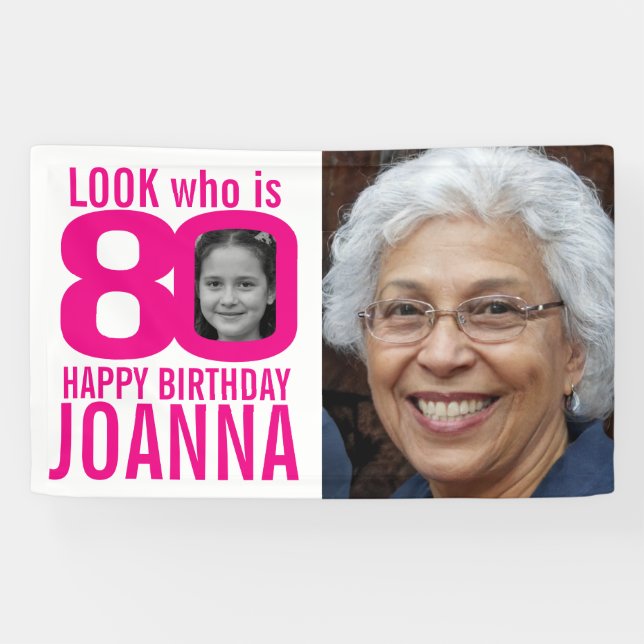 Banderoles 80e anniversaire rose look 80 photo personnalisée  (Horizontal)