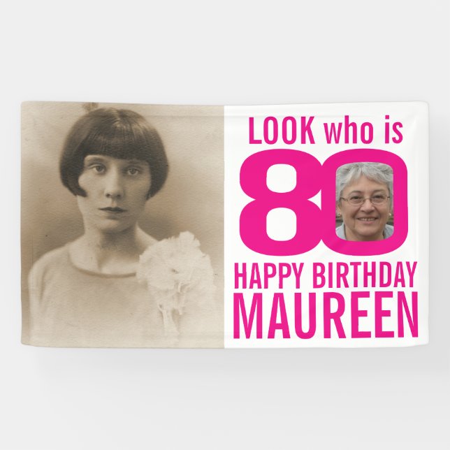 Banderoles 80e anniversaire rose look 80 photo personnalisée  (Horizontal)
