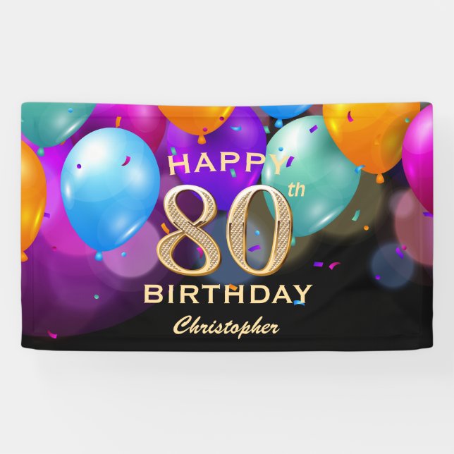 Banderoles 80e fête d'anniversaire Ballons noirs et or (Horizontal)