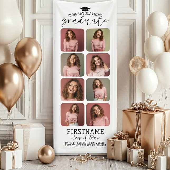 Banderoles 8 Photo Collage Graduation Moderne Minimal Blanc (Custom Graduation Photo Banner - Great backdrop and Graduation Party Decoration)
