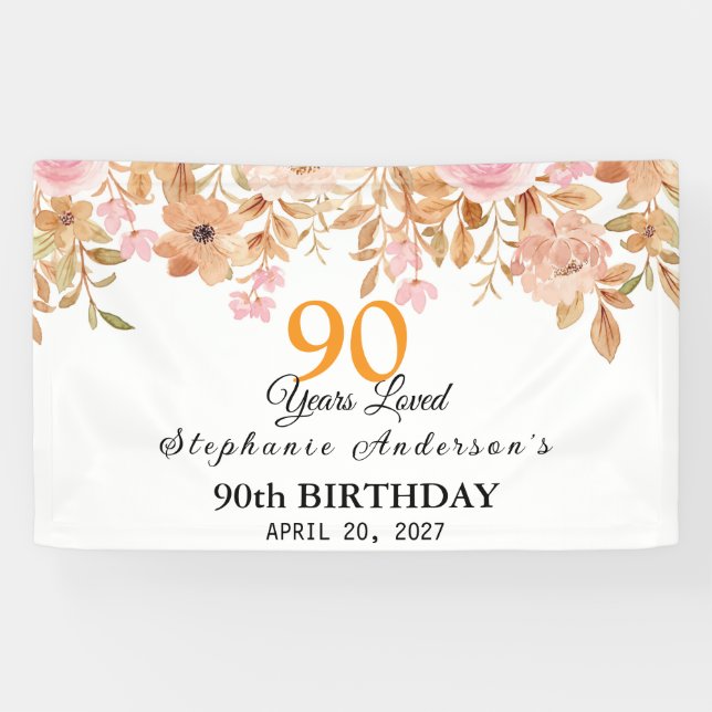 Banderoles 90 Years Loved Peach Floral 90th (Horizontal)