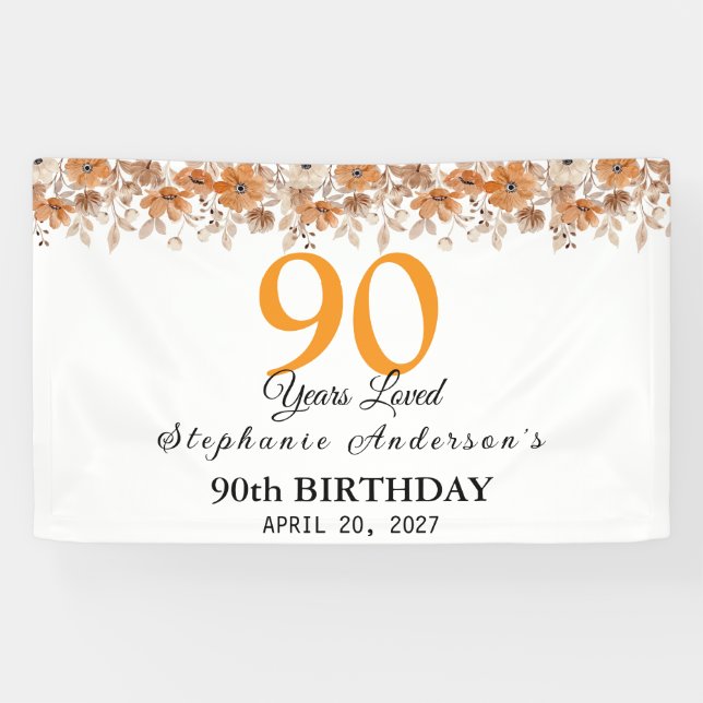 Banderoles 90 Years Loved Peach Floral 90th (Horizontal)