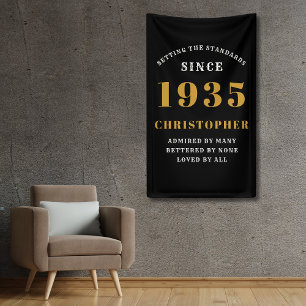 Banderoles 90e anniversaire Né en 1935 Ajouter un nom Or noir