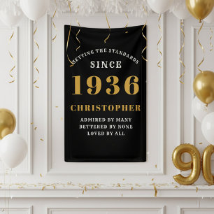 Banderoles 90e anniversaire Né en 1936 Ajouter un nom Noir Or