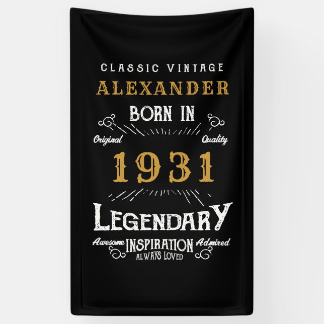Banderoles 90e anniversaire personnalisé Né en 1931 Noir Vint (Vertical)