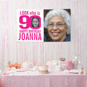 Banderoles 90e anniversaire rose look 90 photo personnalisée