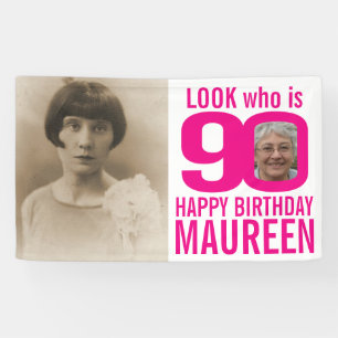Banderoles 90e anniversaire rose look 90 photo personnalisée
