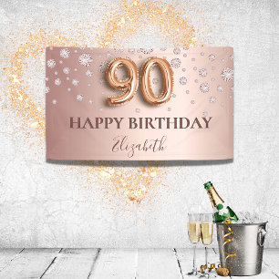 Banderoles 90e anniversaire rose or diamants script de ballon