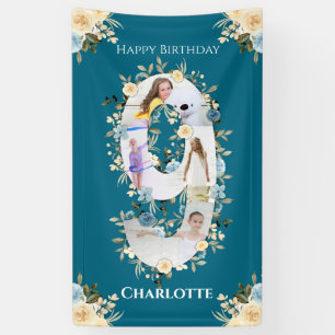 Banderoles 9e anniversaire Turquoise Fleur photo Collage bleu
