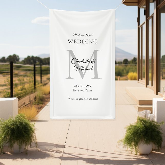 Banderoles Accueil minimaliste de Mariage Monogramme moderne (Modern, Minimal, Monogram, Luxury, White-Gray, Wedding Welcome Banner.)