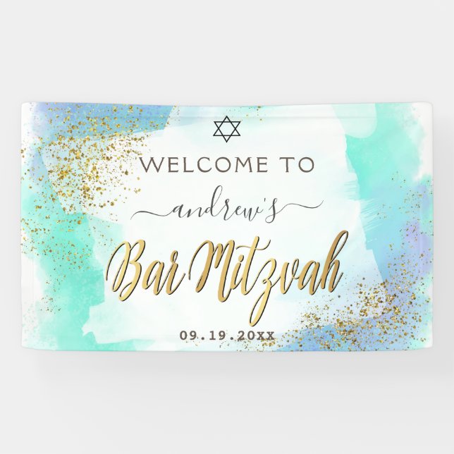 Banderoles Accueil Watercolor Blue And Gold Bar Mitzvah (Horizontal)