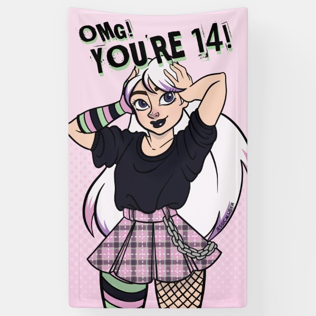 Banderoles Ado fille Pink Cartoon Punk 14e anniversaire (Vertical)
