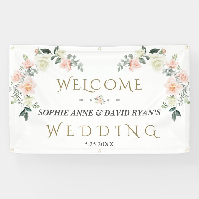 Banderoles Affiche de bienvenue Mariage floral à crème d'aqua (Horizontal)