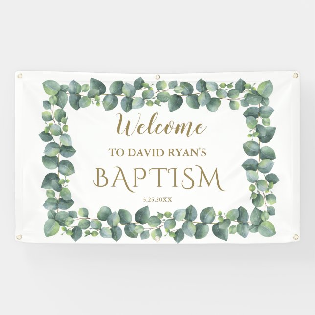 Banderoles Affiche de bienvenue moderne Eucalyptus Boy Baptis (Horizontal)