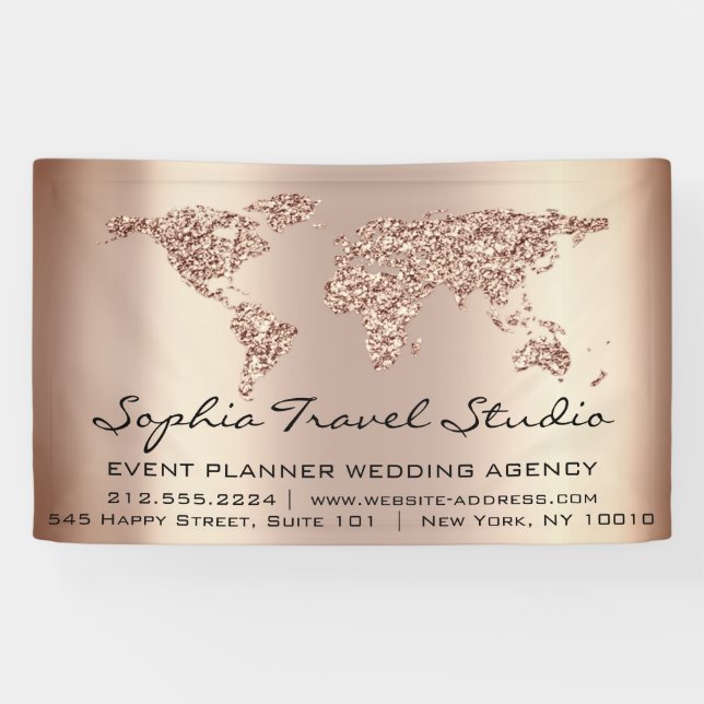 Banderoles Agence de Voyage Carte Mondiale Rose Gold Earth Ev (Horizontal)
