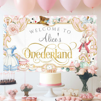 Banderoles Alice's Onederland fille 1er anniversaire en toile