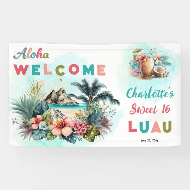 Banderoles Aloha Luau Tropical Island Beach Sweet 16 Party (Horizontal)