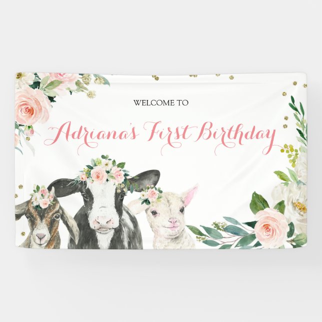 Banderoles Animal de ferme Floral Girl Baby shower grande ban (Horizontal)