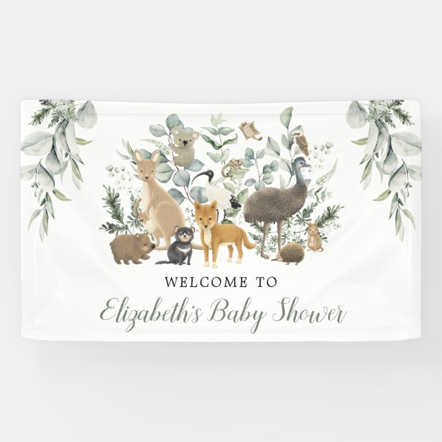 Banderoles Animaux australiens Vert Sauge Bienvenue Bébé Neut (Horizontal)