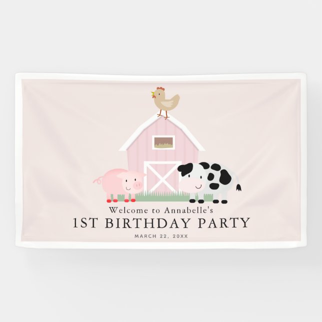 Banderoles Animaux de ferme Barnyard Rose Girl Anniversaire B (Horizontal)