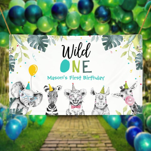 Banderoles Animaux de fête Safari Garçon sauvage Un premier a (Créateur téléchargé)