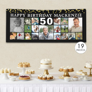 Banderoles Anniversaire 19 Collage Photo Confettis Noir Or