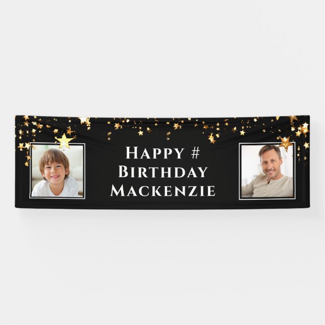 Banderoles Anniversaire 2 Photo Black Gold Stars Personnalisé (Horizontal)