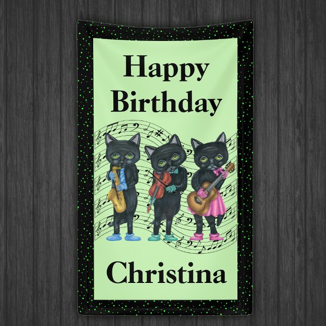 Banderoles Anniversaire Black Cat Musiciens Instruments Musiq (Black cat musicians playing instrument on music note bars green black border Happy Birthday Banner.)