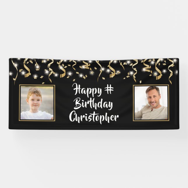 Banderoles Anniversaire Black Gold 2 Photo Lumières Confetti (Horizontal)