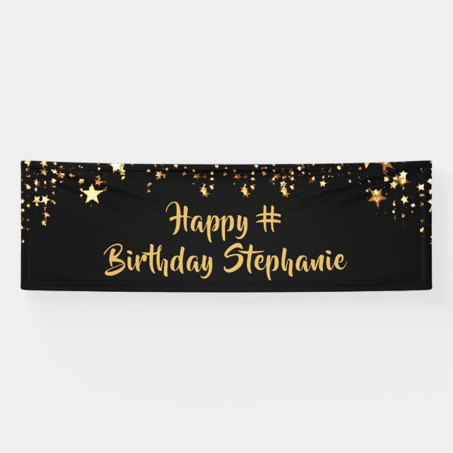 Banderoles Anniversaire Black Gold Stars Brush Script Personn (Horizontal)