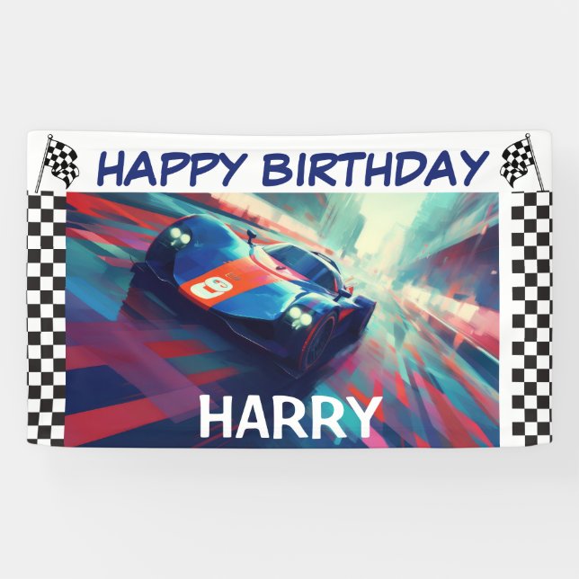 BANDEROLES ANNIVERSAIRE BLUE RACING VOITURE BANNER (Horizontal)