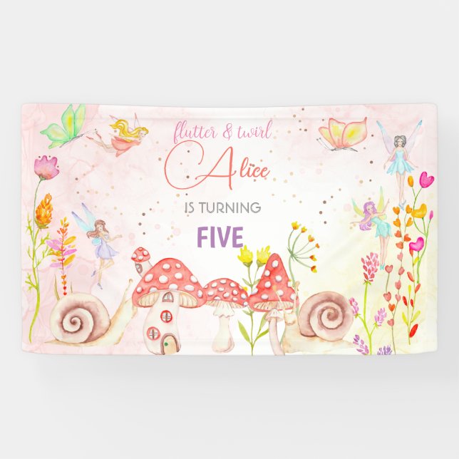 Banderoles Anniversaire de enfant d'aquarelle de jardin de fé (Horizontal)
