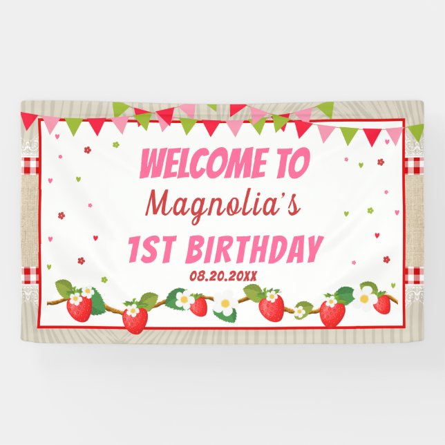 Banderoles Anniversaire de fraises Rouge Camco Blanche fond (Horizontal)