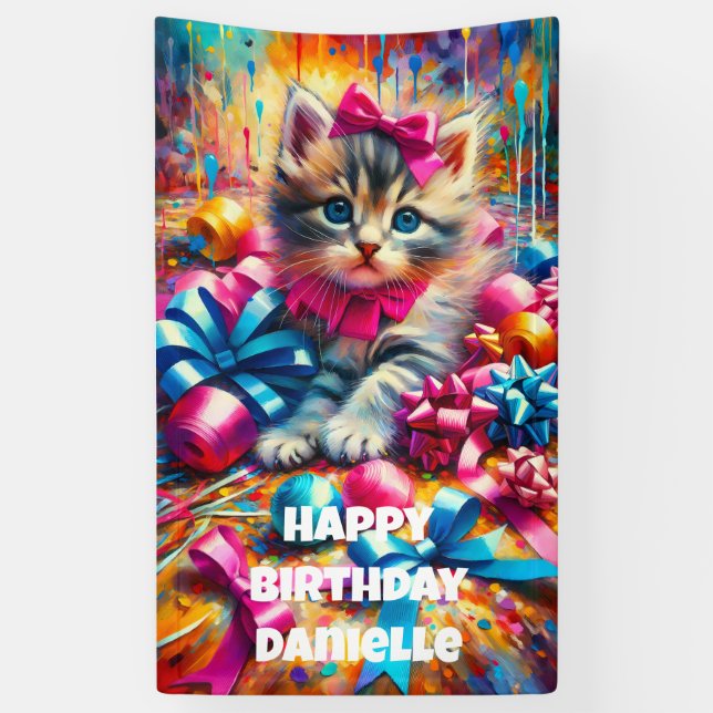 Banderoles Anniversaire de la fille rose et bleu Kitten (Vertical)