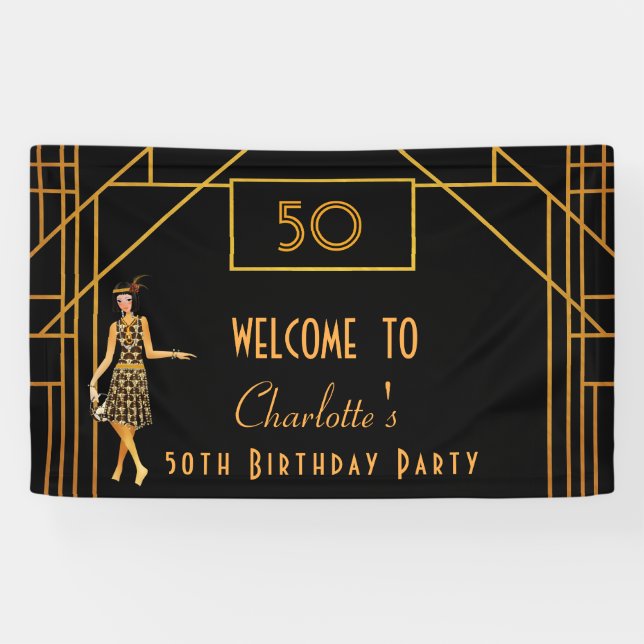 Banderoles Anniversaire des années 1920 noir or rétro art déc (Horizontal)