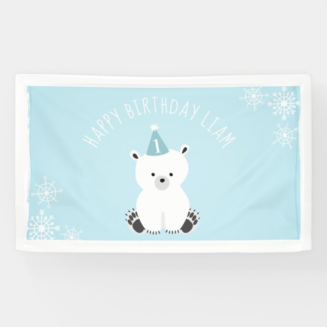 Banderoles Anniversaire d'Onederland d'hiver bleu d'ours (Horizontal)