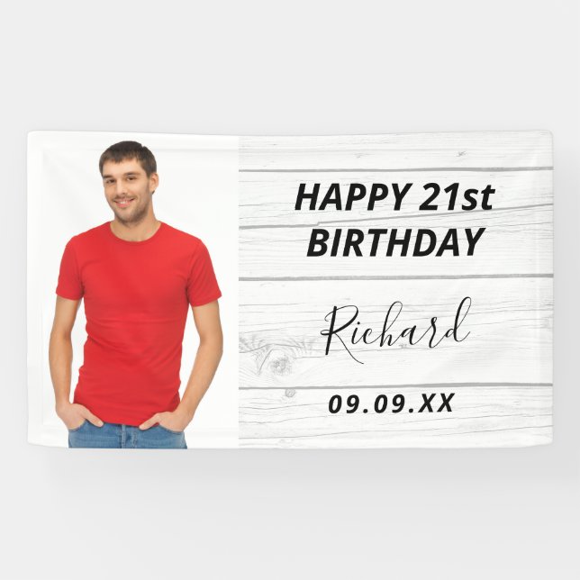 Banderoles Anniversaire fête en bois blanc photo rustique (Horizontal)