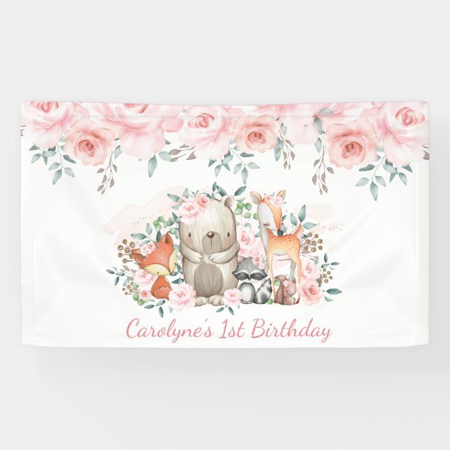 Banderoles Anniversaire floral doux d'animaux de région (Horizontal)