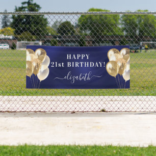 Banderoles Anniversaire marine bleu or ballons nom script