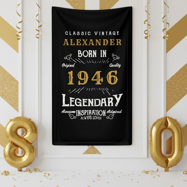 Banderoles Anniversaire personnalisé 80 ans Né en 1946 Soirée (1946 birthday banner on a white a gold wall.)