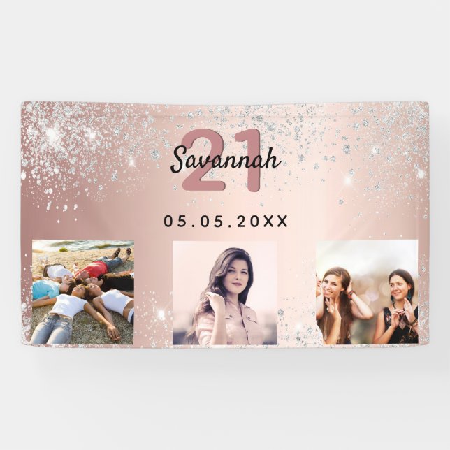 Banderoles Anniversaire photo personnalisée rose or argent pa (Horizontal)