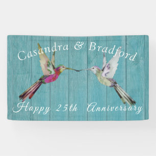 Banderoles Anniversaire rustique Colibri Turquoise Bleu Bois