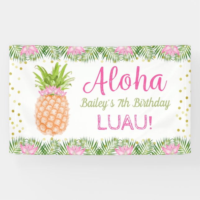 Banderoles Anniversaire tropical de l'Aloha Luau en ananas ro (Horizontal)